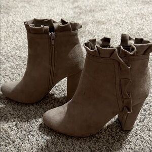 Women's Suede Taupe Ruffle Ankle Boots - Block Heel